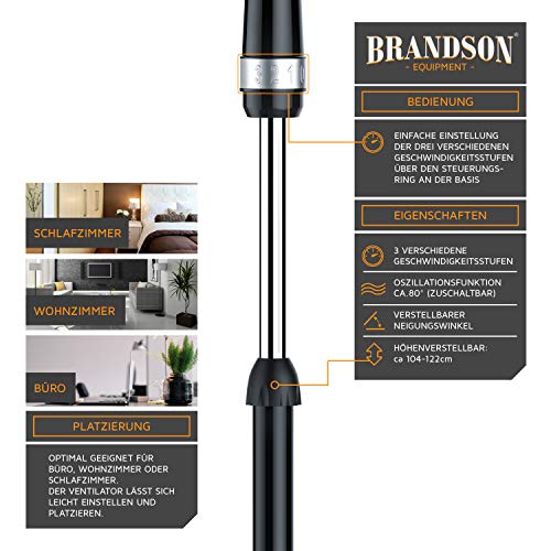Brandson Standventilator 40cm, 50 Watt, oszillierend, Silber-Schwarz | Höhenverstellbar 104 bis 122 cm, 3 Stufen, Oszillation 80°, Neigung 30°, Rotor 35 cm, Schutzgitter, breiter Standfuß