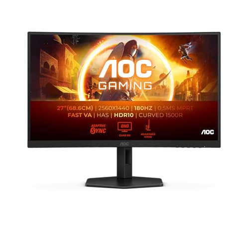 AOC CQ27G4X 27 Zoll Curved, WQHD Gaming Monitor, 180Hz, Fast VA Panel, 1ms GtG, HDR10, FreeSync, Höhenverstellung,(2560x1440 HDMI 2X 2.0 DP 1x 1.4) Schwarz