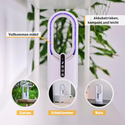 TZS First Austria - Akku Tischventilator - 5W - 3 Stufen & Timer - Leiser Turboloser Ventilator mit 7-Farben Nachtlicht & USB-C - Touch-Bedienung - Weiß