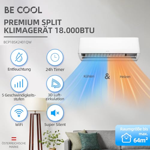 BE COOL Premium Split-Klimagerät 18.000 BTU mit Quick Connect - Kühlen: 5100 Watt/Heizen: 5100 Watt, EEK A++ / A+, max. 160 m³, 4m Quick Connector, WiFi, Fernbedienung - weiß