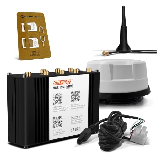 SELFSAT MWR 6550 eSIM 5G Cat 20 WiFi 6 Router + Panorama Antenne weiß | Mobiles Internet fürs Wohnmobil: Set aus 3,4 Gbps 5G WiFi 6 Router & Panorama-Außenantenne, Starlink-kompatibles WLAN