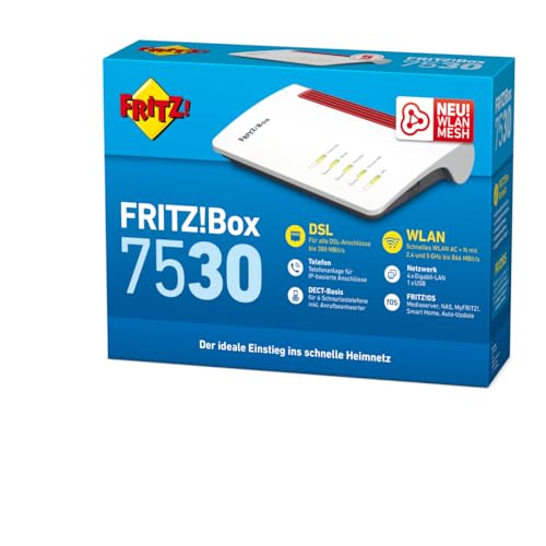 AVM FRITZ!Box 7530 WLAN AC+N Router (DSL/VDSL, 866 MBit/s (5GHz) & 400 MBit/s (2,4 GHz), bis zu 300 MBit/s mit VDSL-Supervectoring 35b, WLAN Mesh, DECT-Basis, Media Server, geeignet für Deutschland)
