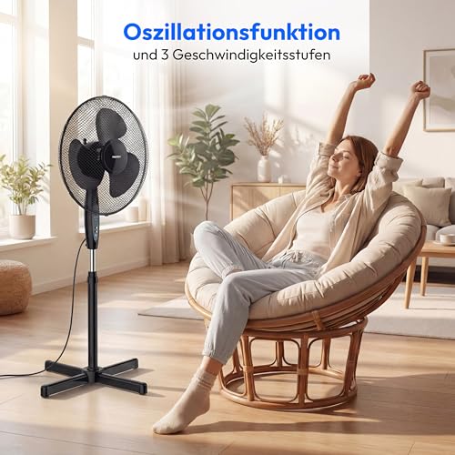 MEDION Standventilator mit Fernbedienung, drei Geschwindigkeitsstufen, 45 Watt Leistung, 36 cm, Schwenkfunktion, Oszillation, verstellbare Höhe, MD18795, schwarz