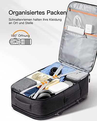 Inateck 38.5-46.2L Reiserucksack Erweiterbarer Handgepäck Rucksack,Schwarz | Spritzwassergeschütztes Carry on Kabinenrucksack Flugzeug Backpack, Herren Damen für 15.6 Zoll Laptop, Weekender,Business