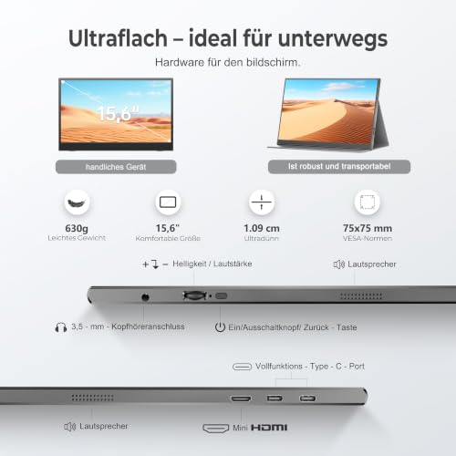 UFYQL Portable Monitor 15,6 Zoll FHD1080P IPS Tragbarer Monitor für Laptop