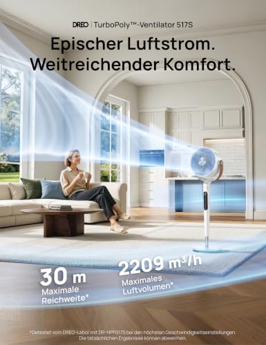 DREO 20dB leiser Smart Standventilatorr für Schlafzimmer mit RGB-LED, 150°+120° Oszillation, 30m Luftumwälzgebläse und 2209m³/h Luftvolume, 12 Geschwindigkeiten, 6 Modi, 94-107cm Höhe, WLAN & Alexa