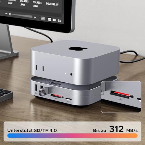 UGREEN Mac mini M4 Dock 40Gbps M.2 NVMe SSD Gehäuse, 5X 10Gbps USB-Anschlüsse, Docking Station mit HDMI(8K@30Hz max.) für Dual Display, SD/TF 4.0 & 3,5mm Aux – Kompatibel mit Mac mini M4/ M4 Pro