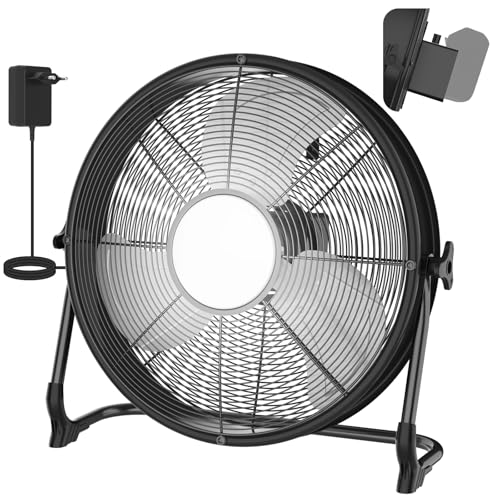 T-SUN 40cm Akku Ventilator mit Lampe, Bodenventilator kompatibel mit Makita 18V-Ohne Akku, Stufenlos Neigbarer, 1,5m Adapter, Leise Lüfter mit Typ C und USB-Aufladung für Camping Werkstatt Baustelle