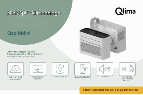 Qlima Qsplit Mini Klimaanlage Wohnwagen & Wohnmobil - 1,46 kW - 5000 BTU - Kühlen & Heizen (560W) - WLAN - Leise & Energieeffizient - 280 m³/h Luftstrom - Für Räume bis 20 m² - DEF - Mini Split - mobi