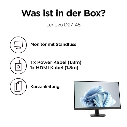 Lenovo D27-45 | Monitor | 27" Full HD | 75Hz | HDMI1.4 | VGA | Home Office | 1920x1080 Auflösung | 250 nits | 4ms Reaktionszeit | VA-Panel | Entspiegelt | Schwarz