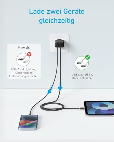 Anker 20W USB C Ladegerät, Netzteil USB C, PD Schnellladegerät Doppelpack | 2-Port Schnellladen für iPhone 17/16/15 Serie, Galaxy, iPad und mehr, inkl. 150cm USB-C Kabel