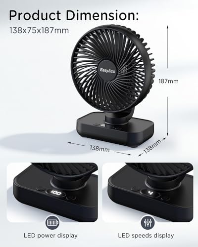 EasyAcc Tischventilator, 4000 Akku Automatischer Oszillierender Kleiner USB Ventilator, Tragbarer Aufladbar Basis Ventilatoren mit 4 Geschwindigkeiten für Camp,Büro, Bibliothek und Zuhause - Schwarz