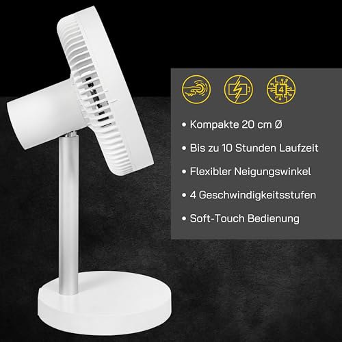 GUTFELS Tischventilator VENTI 3020 R, 20 cm Ø, USB Ventilator mit 4.000 mAh Akku, Touchbedienung, 4 Geschwindigkeiten
