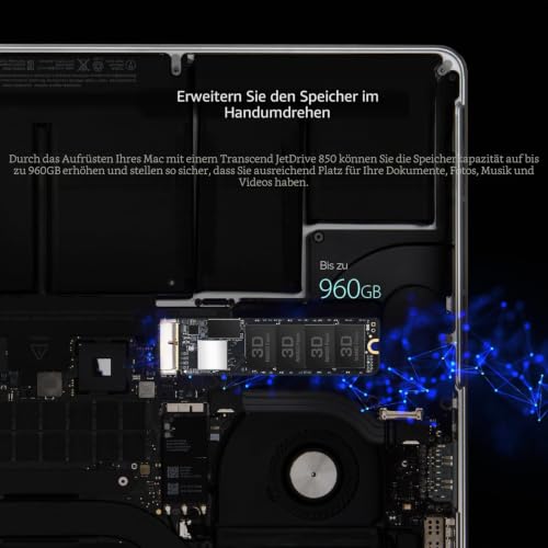 Transcend 960GB JetDrive 850 SSD (ohne Gehäuse) für MacBook Air 11" und 13" (Mitte 2013 - 2017), MacBook Pro Retina 13" und 15" (Ende 2013 - Mitte 2015) bis zu 1.600/1.400 MB/s - TS960GJDM850