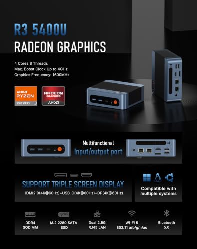 BOSGAME E5 Plus Mini PC, Ryzen 5400U (bis zu 4,0 GHz), 8GB DDR4, 256GB SSD | Win 11 Pro, HDMI/DP/USB-C, Triple 4K Display, Dual 2,5G LAN, WiFi 5, BT5.0, Mini Computer für Büro, Business & Zuhause