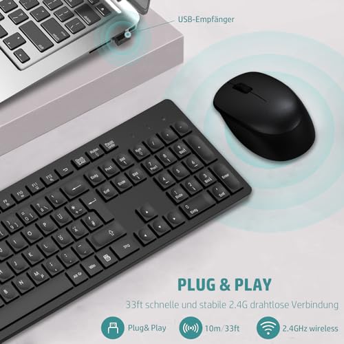 LeadsaiL K786 Tastatur Maus Set Kabellose, Tastatur und Maus, QWERTZ Deutsches Layout Funktastatur mit Maus, Flüsterleiser Tastenanschlag, 2.4 GHz mit 2-in-1 USB Nano Empfänger für PC/Laptop(Schwarz)
