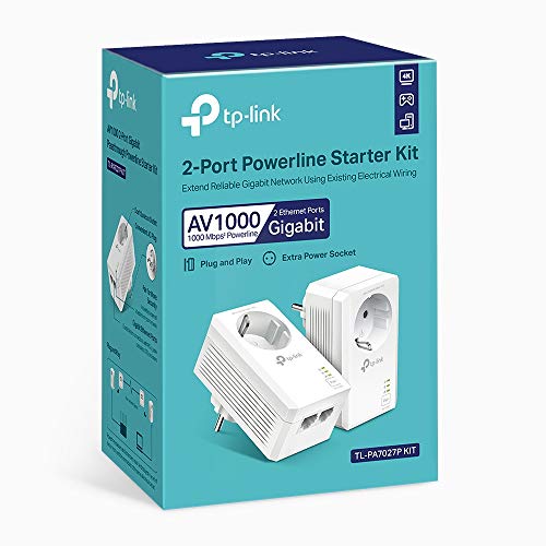 TP-Link Powerline Adapter Set TL-PA7027P KIT mit Steckdose AV1000, Gigabit-Port, Plug und Play, kompatibel mit allen HomePlug AV/AV2, ohne WLAN