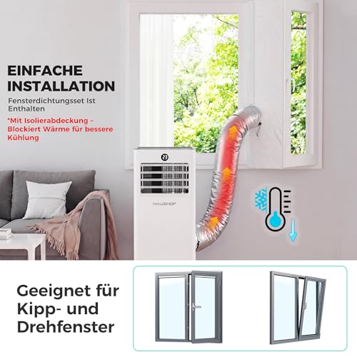HAUSHOF Mobile Klimaanlage 9000 BTU, 4-in-1 Klimagerät mit Abluftschlauch & Isolierhülle, Kühlen/Entfeuchten/Ventilieren/Nachtmodus, 330 m³/h, mit Fensterdichtungsset, für Räume bis 30 m²