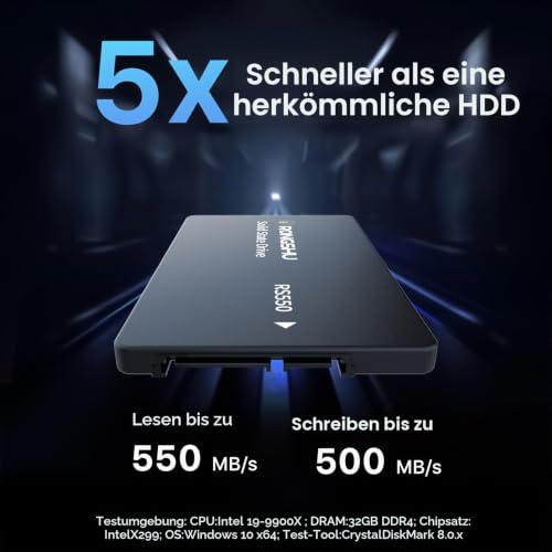 RONGSHU 256GB SATA SSD 2.5'' Interne SSD Festplatte, 2,5 Zoll SATA III 6 Gb/s, 550MB/s Lesen, 500MB/s Schreiben 3D NAND TLC Internes SSD, Upgrade Laptop PC und Desktops Speicher und Storage (RS550)