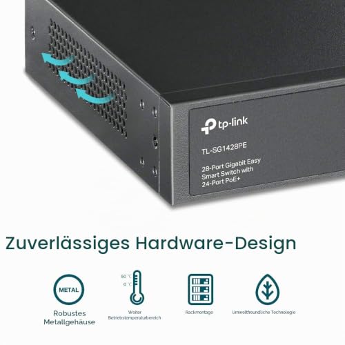 TP-Link TL-SG1428PE 28-Port Gigabit Easy Smart Switch mit 24 PoE+ Ports(2SFP Slots, 250 Watt, geschirmte RJ-45 Ports, einfache Konfiguration, ideal für kleine und mittlere Unternehmen) Schwarz