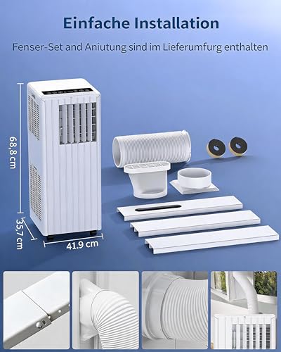 Thaookte 3-in-1 Mobilklimaanlage 9000 BTU mit Dual-Schlauch-Technologie, extrem leise (≤45 dB), 24h Vorwahl, kabellose Bedienung per Fernbedienung, 3 Funktionen Klimaanlage mobil für Räume bis 35 m²
