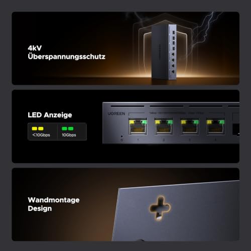 UGREEN LAN Switch mit 4X 10G RJ45+4X 10G SFP+, 10G Netzwerk Switch | Unmanaged Ethernet Switch, Plug & Play, intelligenter Lüfter, Metallgehäuse, 160Gbps Switching-Kapazität, für NAS, 8K-Video