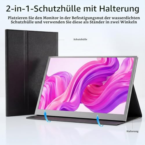 Portable Monitor 15,6 Zoll, 1920x1080P FHD IPS Entspiegelt | USB-C & Mini HDMI | Integrierte Lautsprecher & Schutzhülle mit Ständer | Zusatzbildschirm für Laptop, PC, Mac, Handy, PS5/4, Xbox, Switch
