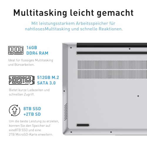 Auusda Notebook 15,6 Zoll, 16GB RAM, 512GB SSD, Fingerabdrucksensor, beleuchtete Tastatur, Ziffernblock, leicht für Schule & Büro