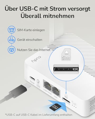 Cudy 4G Router mit SIM Slot, N300 Portable WLAN, OpenWRT, USB-C, LT300 | Nano SIM Slot, 2 LAN/WAN Ports, OpenWRT-kompatibel, Multiple VPN, Type-C Powered, Steuerung über App und Cloud, No Cable