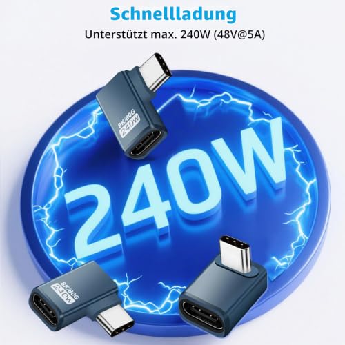 3 Stück USB C Extender Adapter 90 Grad, 80Gbps USB C Stecker zu Buchse Winkel Adapter, 240W Thunderbolt 5 Extension Connector für iPhone 15/16, Team Deck, Tablet, Telefone, andere Typ C Geräte (Grau)
