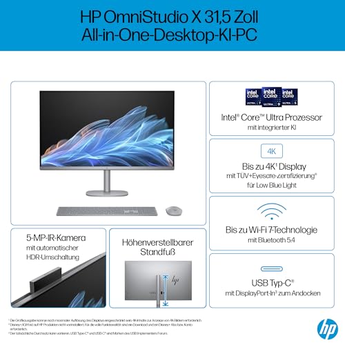 HP OmniStudio X 32-c0275ng All-in-One KI PC, 31.5 Zoll Entspiegeltes UHD-4K-Display, Intel Core Ultra 7 155H, 16 GB DDR5-SDRAM, 1 TB SSD, Intel Arc Graphics, Windows 11 Home, QWERTZ Tastatur, Silber