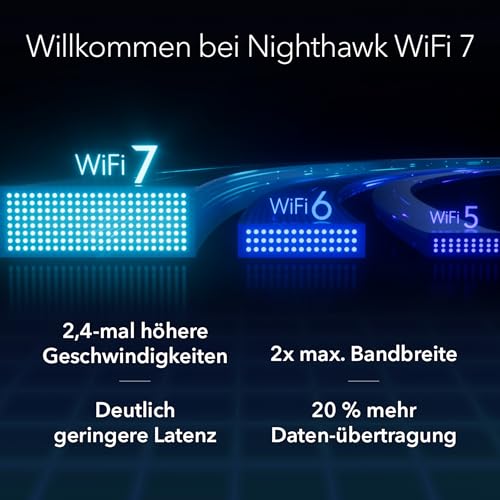 NETGEAR Nighthawk WiFi 7 WLAN Router RS100, Bis zu 135 m², 3,6 Gbit/s | Glasfaser Router, Zuverlässige Leistung, Einfache Einrichtung, 50 Geräte, 1× 2,5G + 4× Gigabit-Ports, Dual Band, BE3600