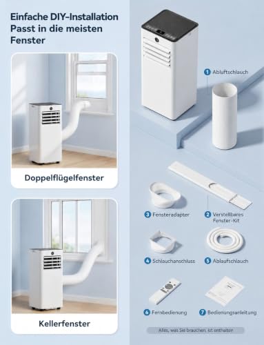 AIRFISH Mobile Klimaanlage 7000 BTU – Leise 4-in-1 Klimaanlage mit LED-Display, Fernbedienung & Rollen | Kühlen, Entfeuchten, Ventilator & Sleep-Modus | Fensterkit inklusive | Für Räume bis 20 m²