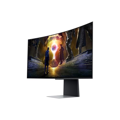 Samsung Odyssey G85SD Curved Gaming Monitor, 34 Zoll, Bildschirm mit QD-OLED-Panel, UWQHD, 3440 x 1440 Pixel, AMD Freesync Premium Pro, Reaktionszeit 0,03 ms, Bildwiederholrate 175 Hz, LS34DG850SUXEN