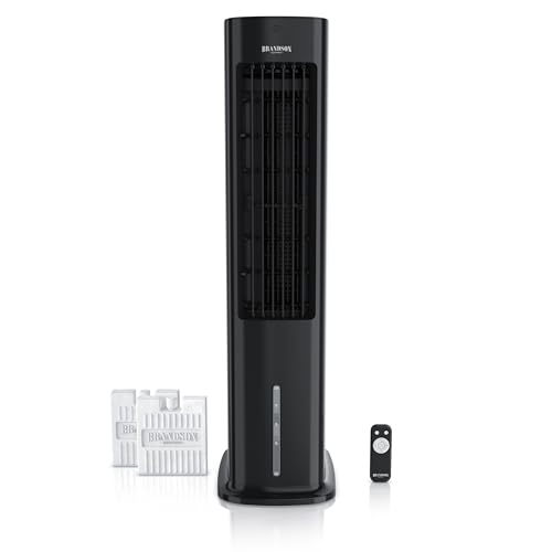 Brandson Luftkühler Wasserkühlung, Turmventilator, Fernbedienung, Schwarz | Verdunstungskühler ohne Abluftschlauch, 5 L Wassertank, 2 Kühlakkus, 330 m³/h, 60° Oszillation, 3 Stufen, Timer, Autostopp