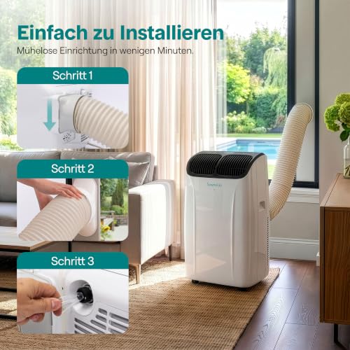 SereneLife Klimaanlage Mobil 14.000 BTU mit Heizfunktion – Kleine Klimaanlage für Zimmer bis 32 m² | Kühlen, Heizen, Entfeuchter & Ventilator | 51 dB | Grau
