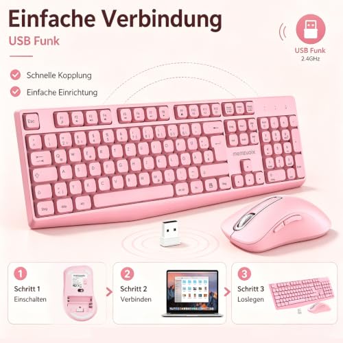 QWERTZ Kabelloses Tastatur Maus Set, Deutsch-Layout, Nummernblock – Rosa | Ein USB-Empfänger für beide Geräte, im Batteriefach der Maus; 1400-DPI-Maus, 12 Multimediatasten; Batterien nicht enthalten