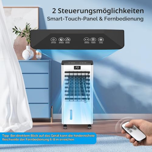 Mobile Klimaanlage, Luftkühler mit 3 Modi (Normal/Natur/Schlaf), 12H Timer, Tragbare Klimaanlage mit Display, 4 Eispacks, 60W Verdunstungsluftkühler ohne Abwasseranschluss für Zuhause Büro