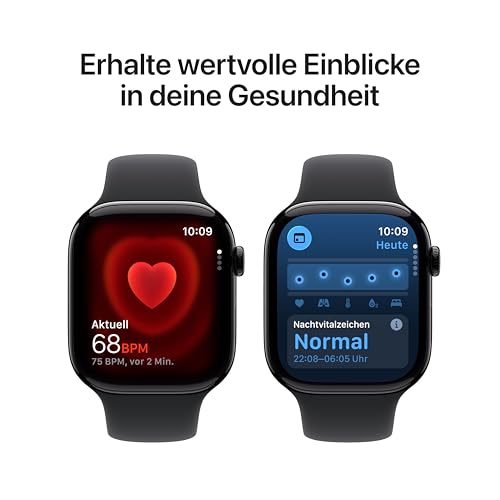 Apple Watch Series 11 GPS 46 mm Smartwatch mit Aluminiumgehäuse in Diamantschwarz und Sportarmband in Schwarz (S/M). Schlafindex, Fitnesstracker, Gesundheitstracking, Always-On Display, Wasserschutz