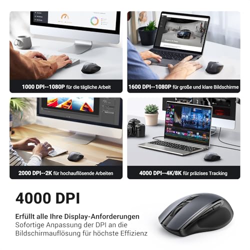 UGREEN 2.4G Maus kabellos mit 4000 DPI Wireless Mouse mit USB Empfänger | Ergonomisches Design, 18 Monate Akkulaufzeit, Funkmaus kompatibel mit Laptop Computer (Schwarz)