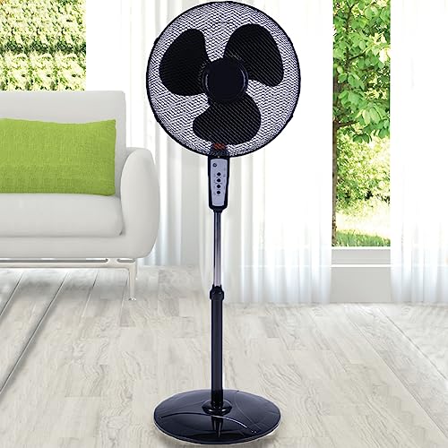 BAKAJI Standventilator mit Fernbedienung, Leistung 50 W, 3 Geschwindigkeiten, 40 cm, Höhe und Neigung einstellbar bis zu 130 cm, Timer-Funktion, rund, horizontale Schwingung (schwarz)