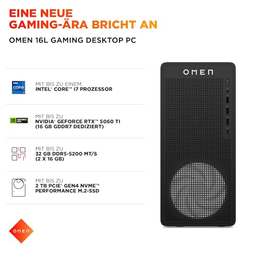 HP Omen 16L Gaming Desktop TG03-0257ng, Intel Core i5-14400F, NVIDIA GeForce RTX 5060 8 GB GDDR7, 16 GB DDR5 RAM, 1 TB PCIe Gen4 SSD, Windows 11 Home, Wi-Fi 6, Schwarz