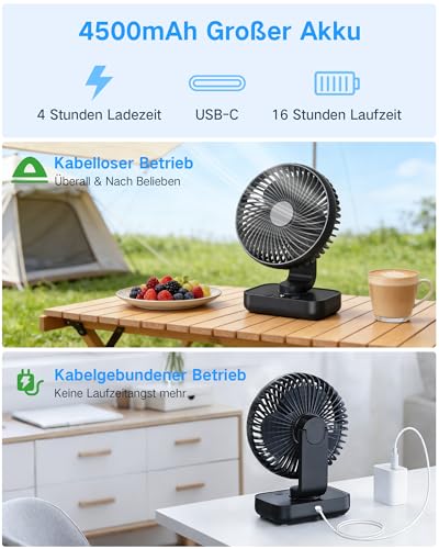 ArsMotin Tischventilator Automatisch Oszillierend, Leise 30 dB, Sanfter Luftstrom, 4500mAh Akku, USB-C, LED Display, Abnehmbar, 4 Geschwindigkeiten, Klein & Tragbar für Büro, Zuhause