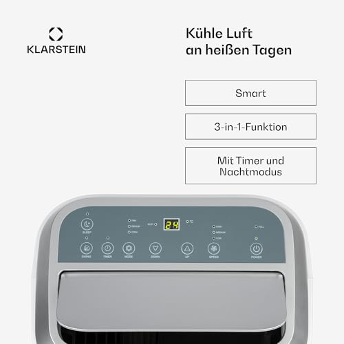 Klarstein Mobile Klimaanlage mit Abluftschlauch, 4-in-1 Klimagerät mit Ventilator, Luftentfeuchter & Nachtmodus, Kleine & Portable Klimaanlage für Wohnung & Büro, Niedriger Verbrauch, 12000 BTU
