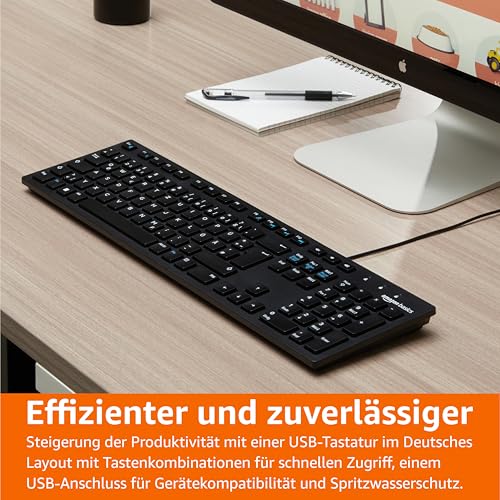 Amazon Basics Tastatur mit DE-Layout, flach, USB-kabelgebunden, Mattschwarz