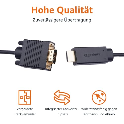 Amazon Basics HDMI-(Quelle)-auf-VGA-(Display)-Kabel, Unidirektional, Stecker auf Stecker, 1080P, Vergoldet, 1,8m, Schwarz (2er-Pack)