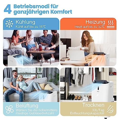 COSTWAY Klimaanlage mobil 14000BTU, Klimagerät mit Abluftschlauch, 5 in 1 Kühlen & Heizen & Entfeuchten & Belüften & Schlafmodus für Räume bis zu 135 m³, Fernbedienung/App, 24H Timer, 4100W, ≤57dB