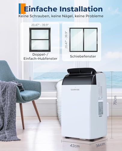 Garvee Mobile Klimaanlage 10000 BTU, 4-in-1 Klimagerät mit Kühlen & Entfeuchten & Ventilieren, Leiser Betrieb <50dB, Digitaldisplay + Fernbedienung, 24h Timer, Fenster-Installationsset, bis 51 m²