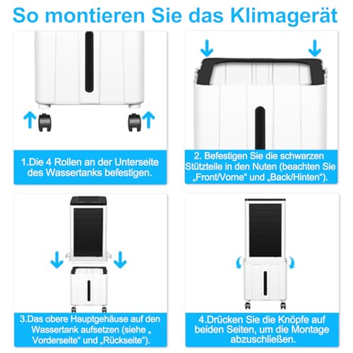 Klimagerät ohne Abluftschlauch, 14L 60W Klimaanlage Mobil mit 12H Timer, 3 Modus, 40dB, 120°Oszillation, Abnehmbare Wassertank, Fernbedienung, Leise Portable Air Conditioner für Wohnung Zimmer Räume