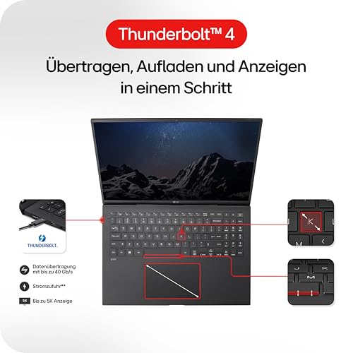 LG gram 16 16Z90RU-G.AA58G (16 Zoll) IPS Notebook, Intel Core i5-1334U, 16GB RAM, 1TB SSD, Intel Iris® Xe Graphics, federleicht (1,199 kg), 80 Wh, Thunderbolt 4, Schwarz
